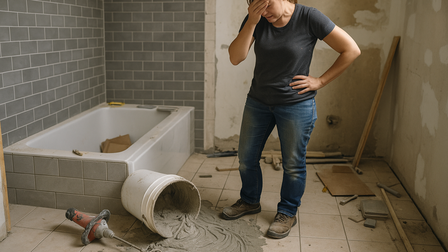 Person standing in a bathroom under construction with a tipped-over bucket and tile mortar everywhere.